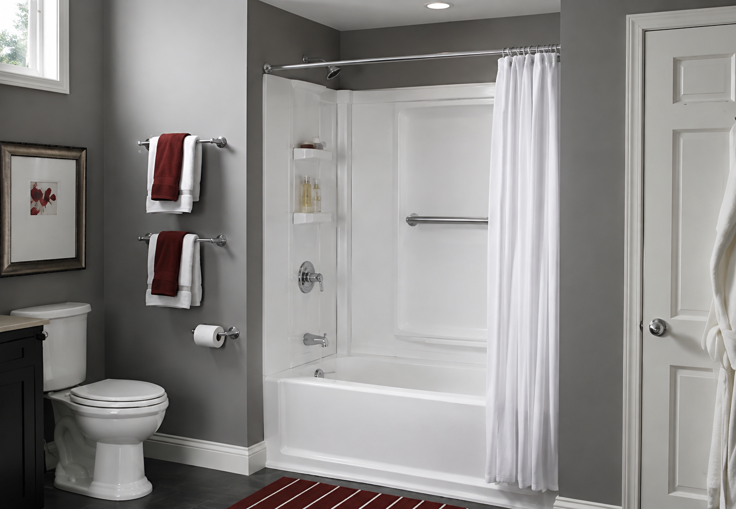 Completed shower surround installation in a mobile home bathroom